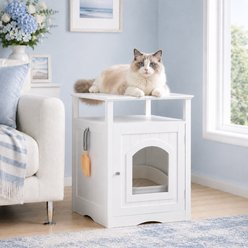 Yafylly Modern Side Table Wooden Condo Cat House with Hidden Litter Box, White, Medium