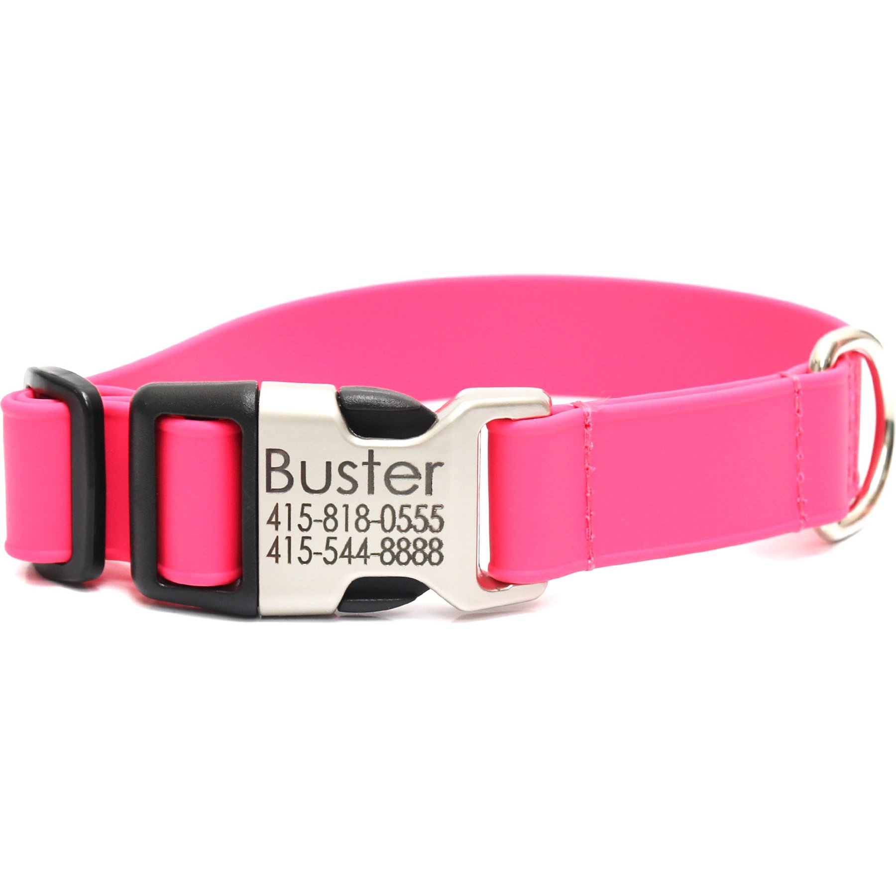 Mimi Green Personalized Engraved Buckle Lightweight Biothane Waterproof Dog Collar, Pink, Large: 18-22-in neck, 1-in wide