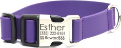 Mimi Green Personalized Engraved Buckle Lightweight Biothane Waterproof Dog Collar, Purple, Large: 18-22-in neck, 1-in wide