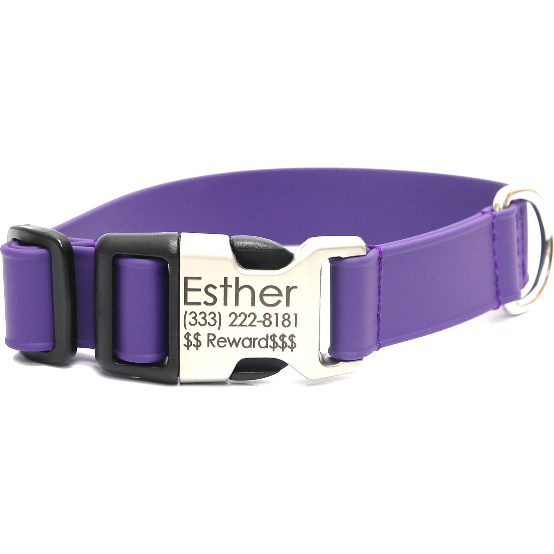 Mimi Green Personalized Engraved Buckle Lightweight Biothane Waterproof Dog Collar, Purple, Medium - Long: 15-18-in neck, 1-in wide