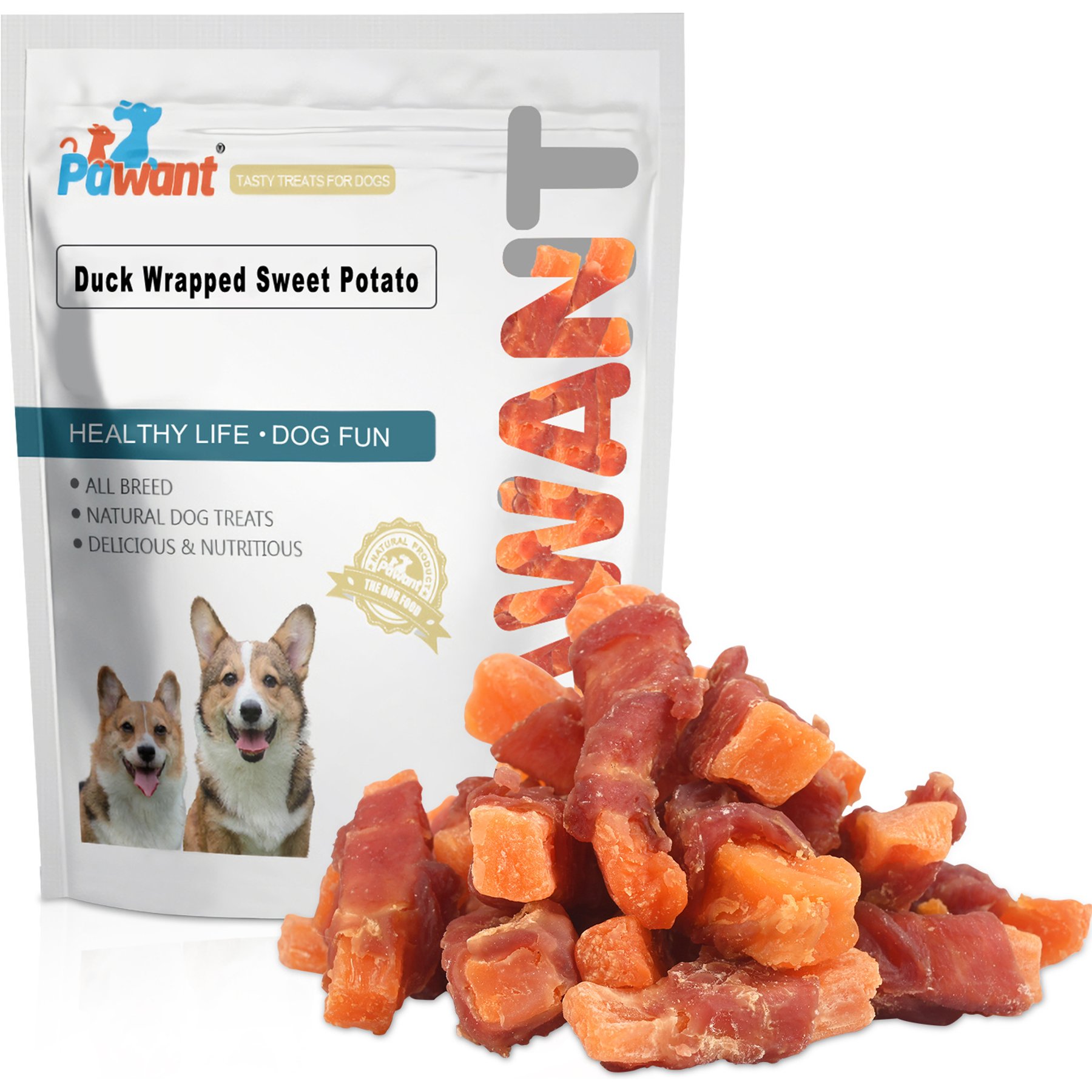 Pawant Training Snacks Gluten & Grain-Free Rawhide Low-Fat Duck Wrapped Sweet Potato Soft & Chewy Dog Treats, 8-oz pouch