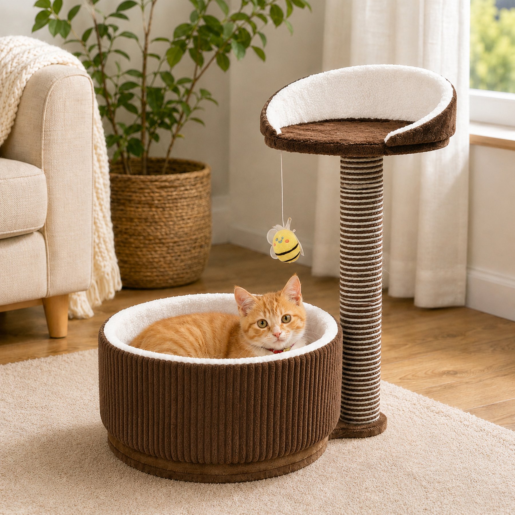 NonoPets Coffee Mug 25.59-in Corduroy Modern Hanging Toy Novelty Cat Tree with Sisal Scratching Post, Top Perch & Plush Base, Brown