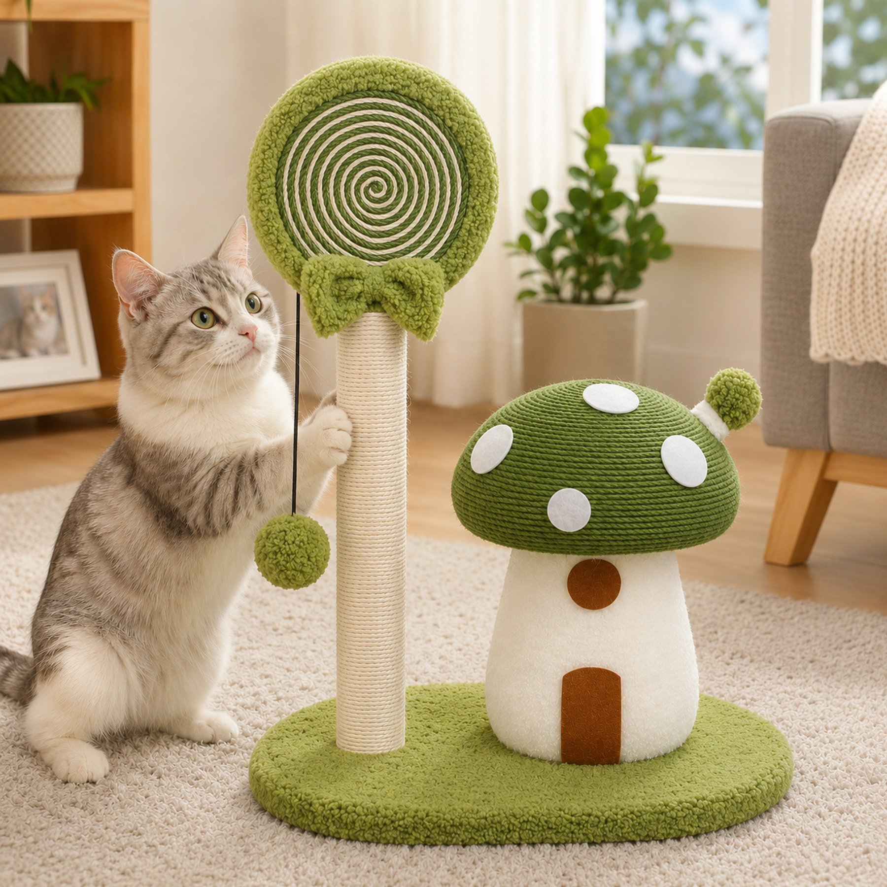 NonoPets Lollipop & Mushroom 21.26-in Plush Modern Hanging Toy Novelty Cat Scratching Post with Sisal Rope & Plush Accents, Green