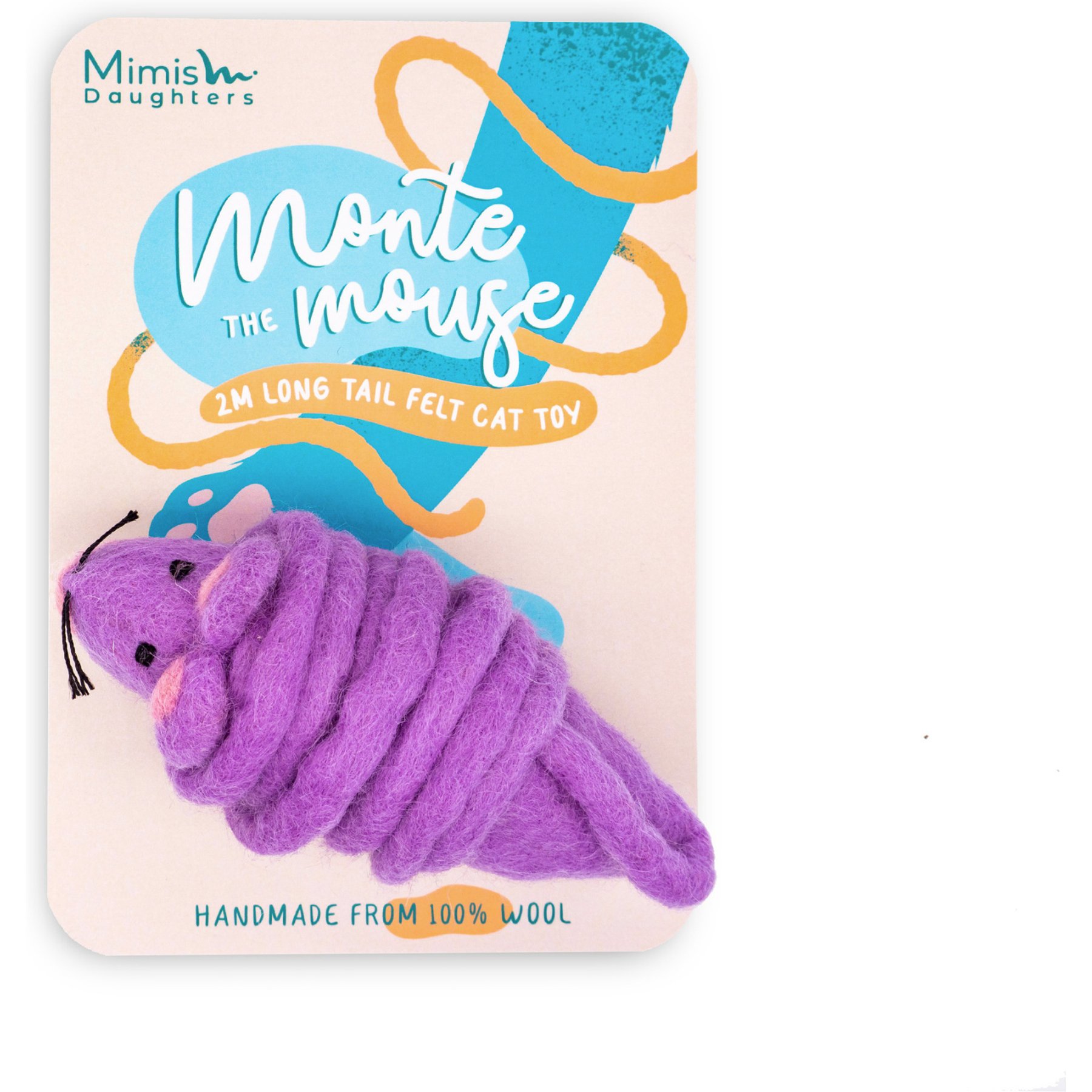 Mimis Daughters Monte Mouse Felted Wool Teaser Long Tail Cat Toy, 78-in, Purple