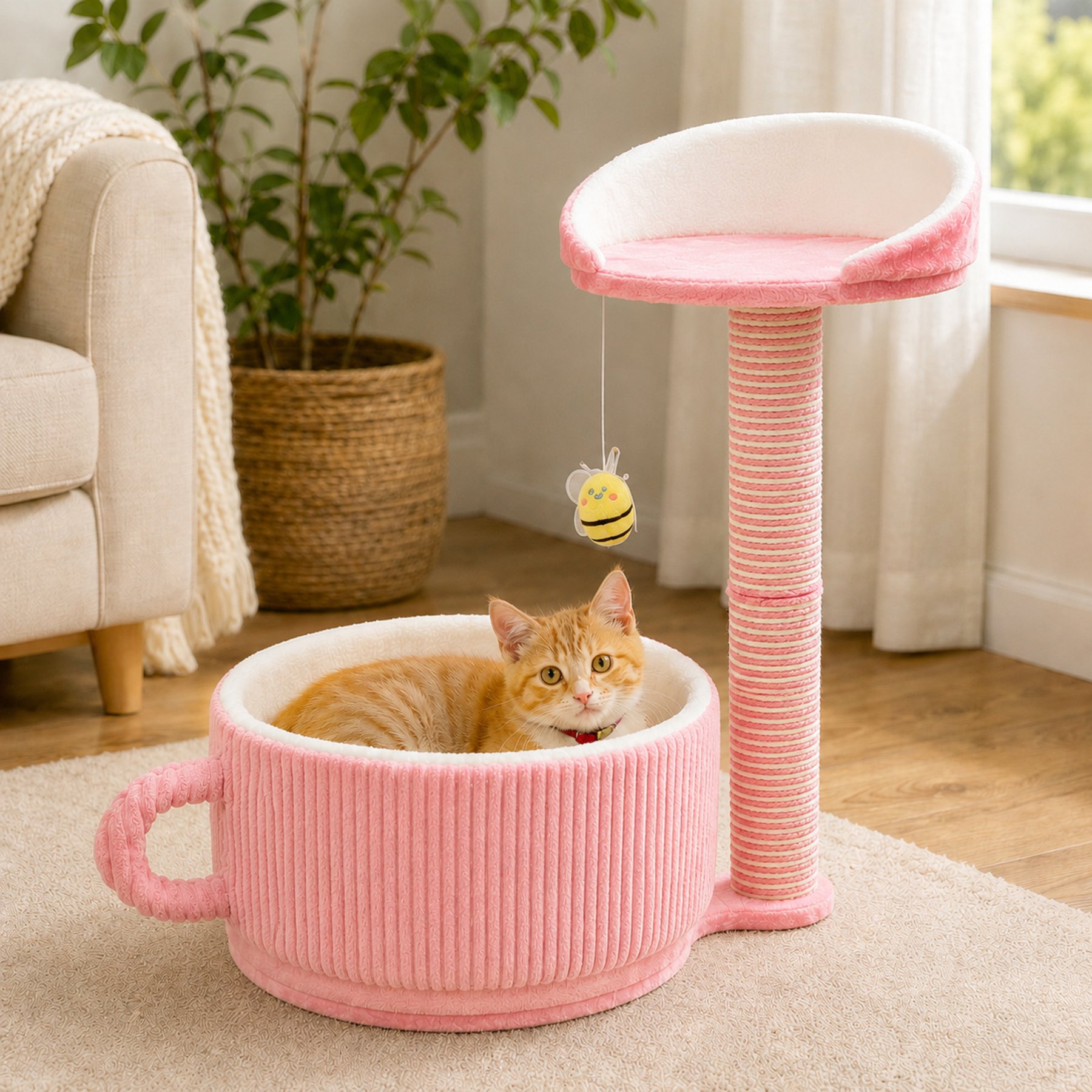 NonoPets Coffee Mug 25.59-in Corduroy Modern Hanging Toy Novelty Cat Tree with Sisal Scratching Post, Top Perch & Plush Base, Pink