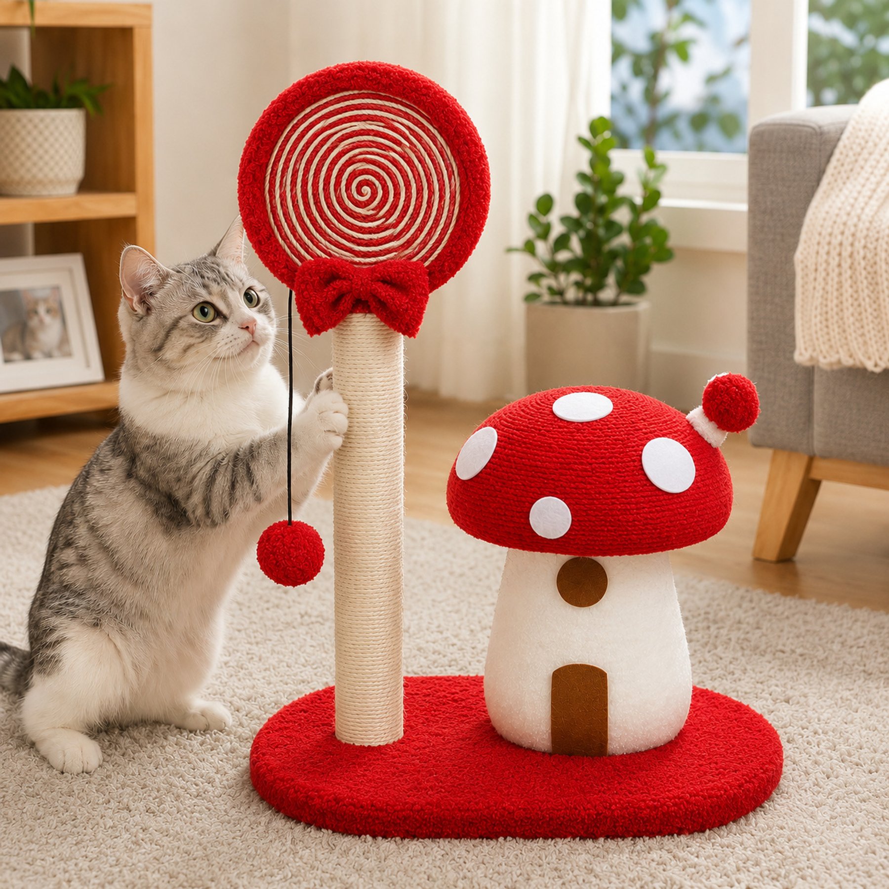 NonoPets Lollipop & Mushroom 21.26-in Plush Modern Hanging Toy Novelty Cat Scratching Post with Sisal Rope & Plush Accents, Red