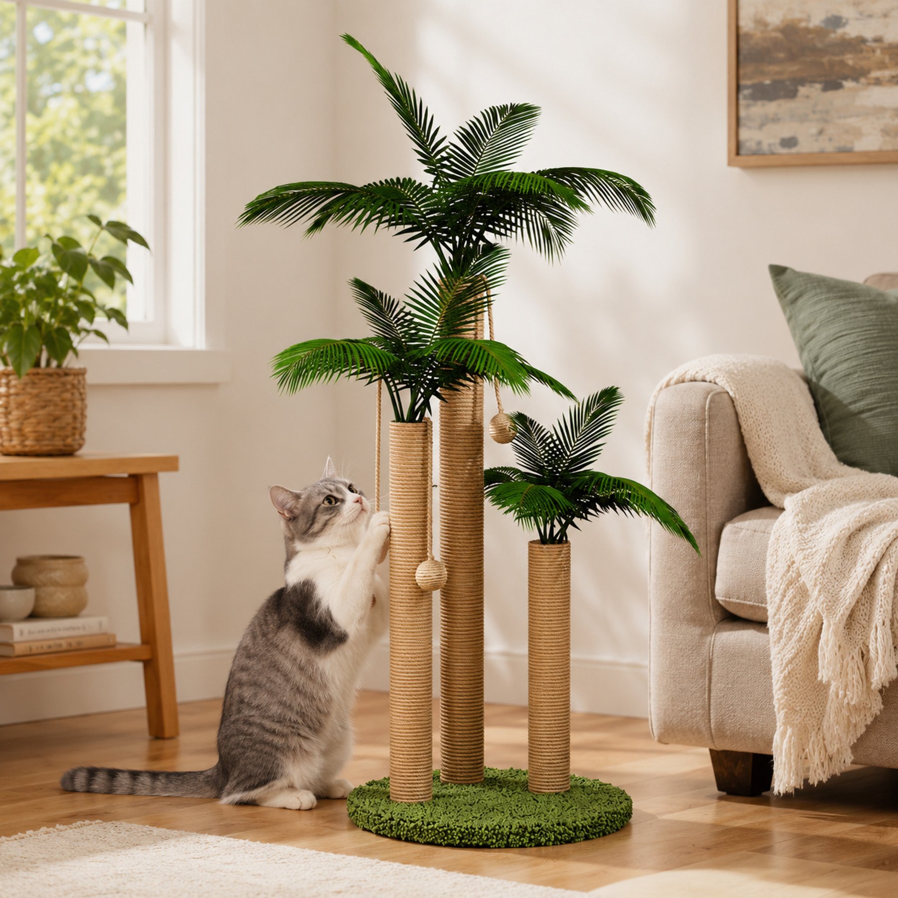 NonoPets Areca Palm 31.5-in Plush Modern Hanging Toy Novelty Cat Scratching Tree & Tower with 3-Sisal Posts