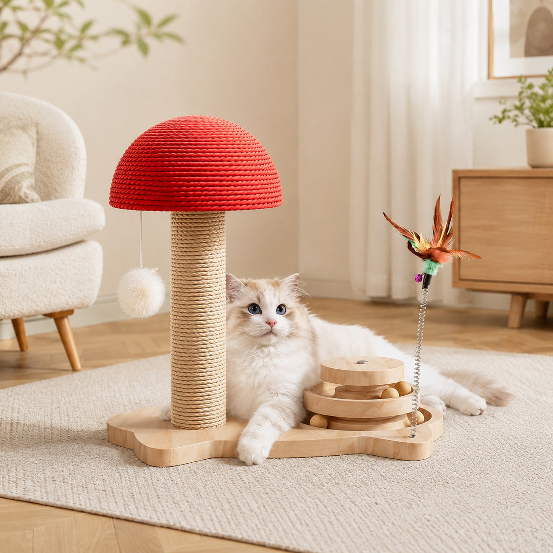 NonoPets Red Mushroom 15.75-in Plush Modern Hanging Toy Novelty Cat Scratching Furniture with Sisal Post, Wooden Slide Rail & Plush Accents