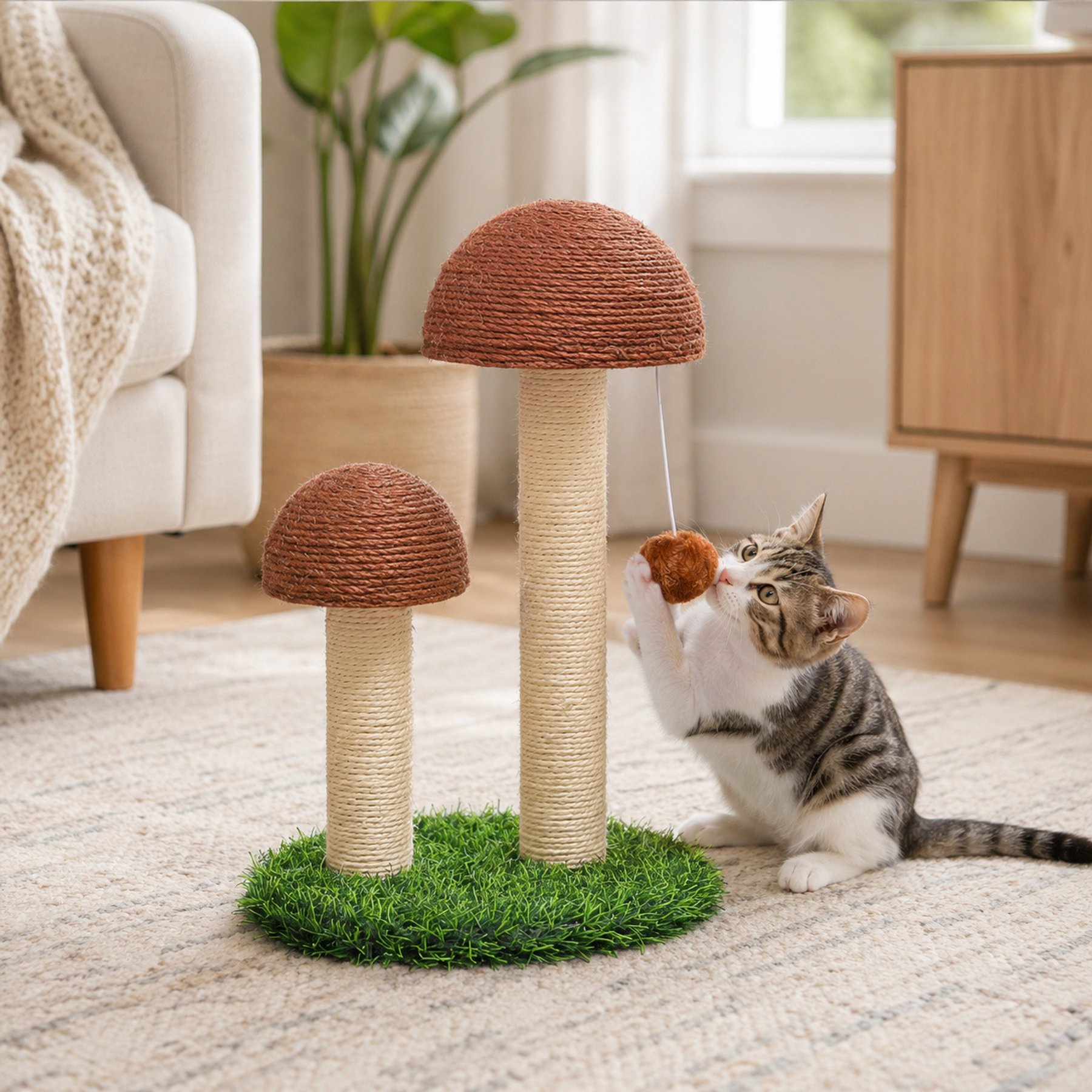 NonoPets Dual Mushroom 17.72-in Plush Modern Hanging Toy Novelty Cat Scratching Post with Sisal Rope & Green Turf Base