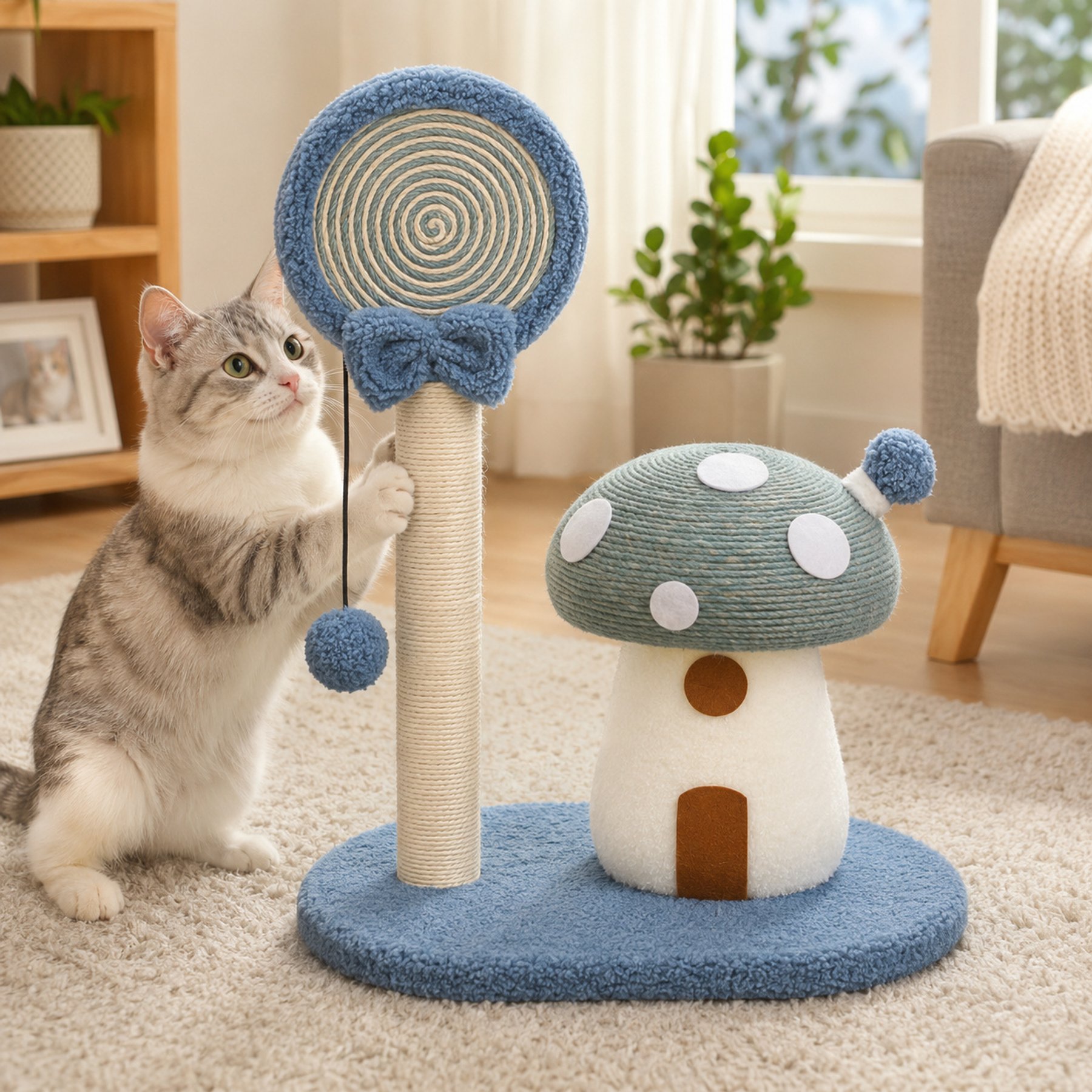 NonoPets Lollipop & Mushroom 21.26-in Plush Modern Hanging Toy Novelty Cat Scratching Post with Sisal Rope & Plush Accents, Blue