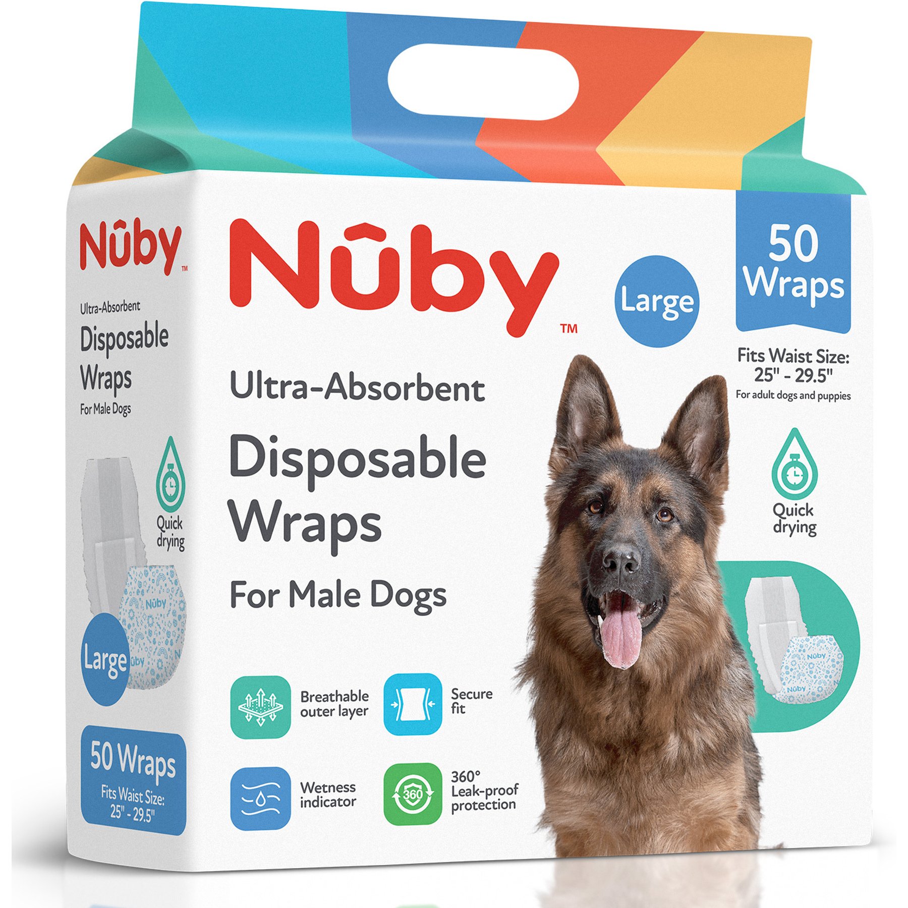 Nuby Pets Disposable Wetness Indicator, Absorbent & Leak-Resistant Belly Band Male Dog Wraps, 50 count, Large: 25 to 29.5-in