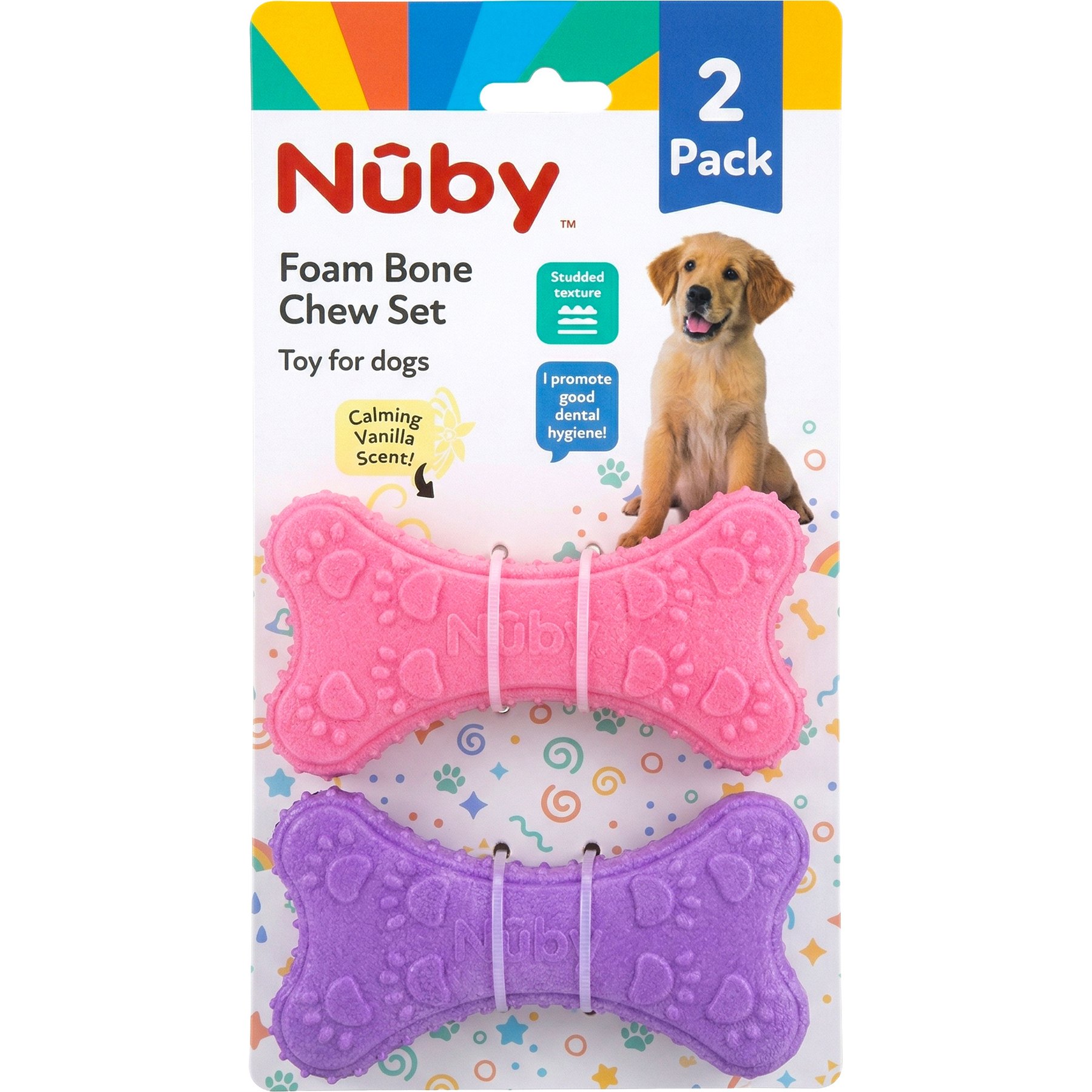 Nuby Foam Bone Calming Vanilla Scent Durable Dental Teething Dog Chew Toy, 2 count, Assorted
