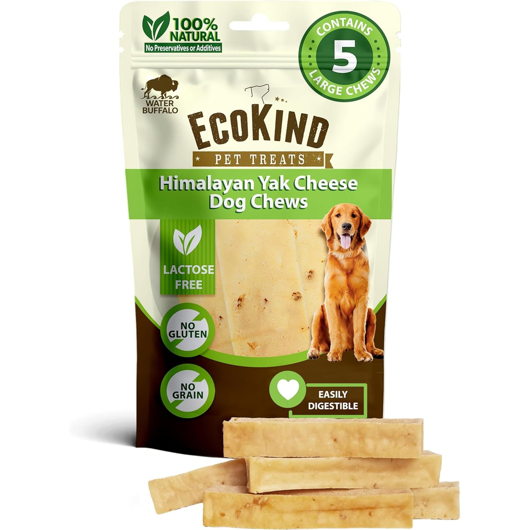 EcoKind Gold Water Buffalo Flavored Yak Himalayan Chew Dog Treats, Large, 5 count