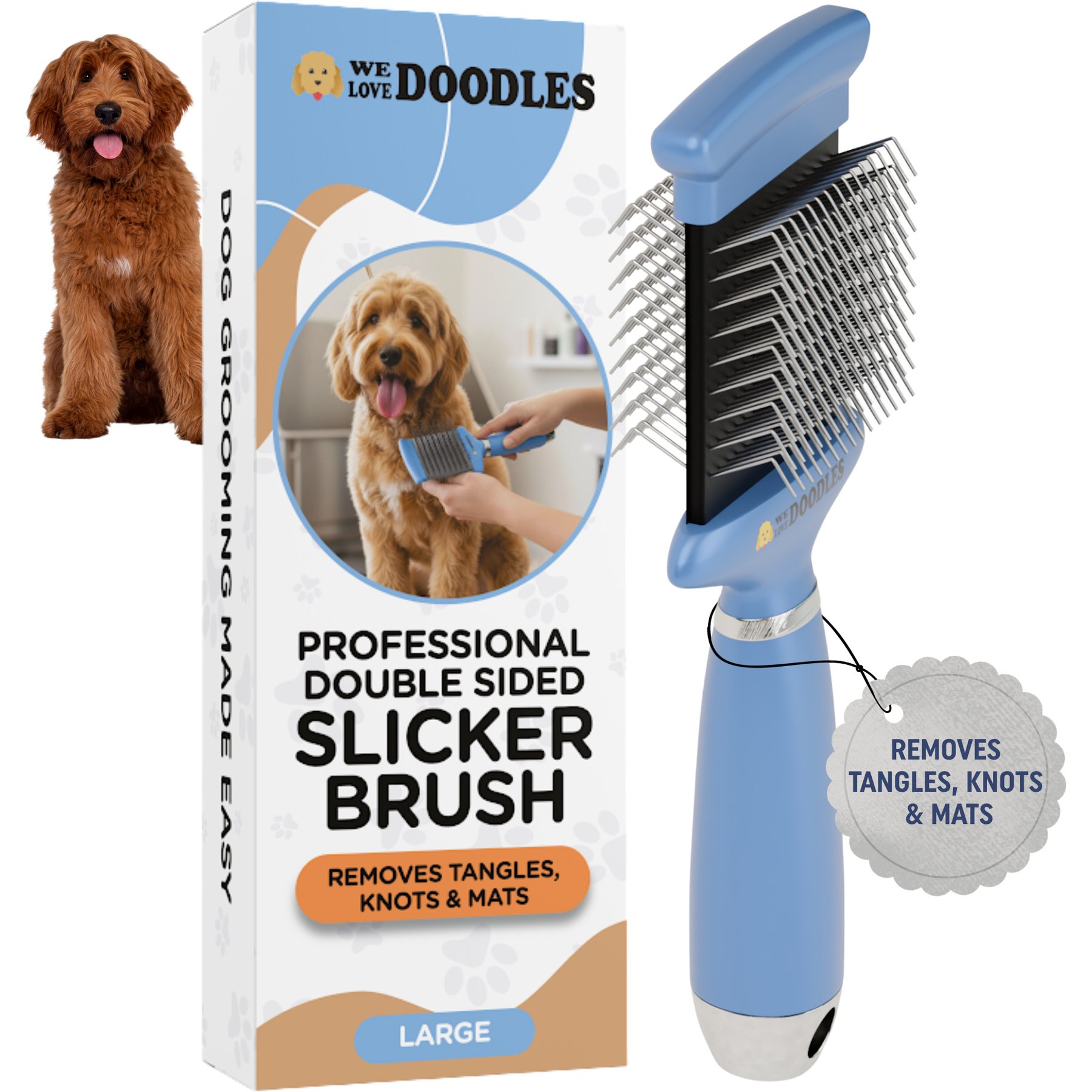 We Love Doodles Double-Sided Slicker Dog Brush, Blue, Large