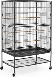 Little Pals Wrought Iron Flight with Stand, Flat Top Parrot with Casters, Slide-Out Tray, Feeders & Perches Bird Cage, Black, 52-in