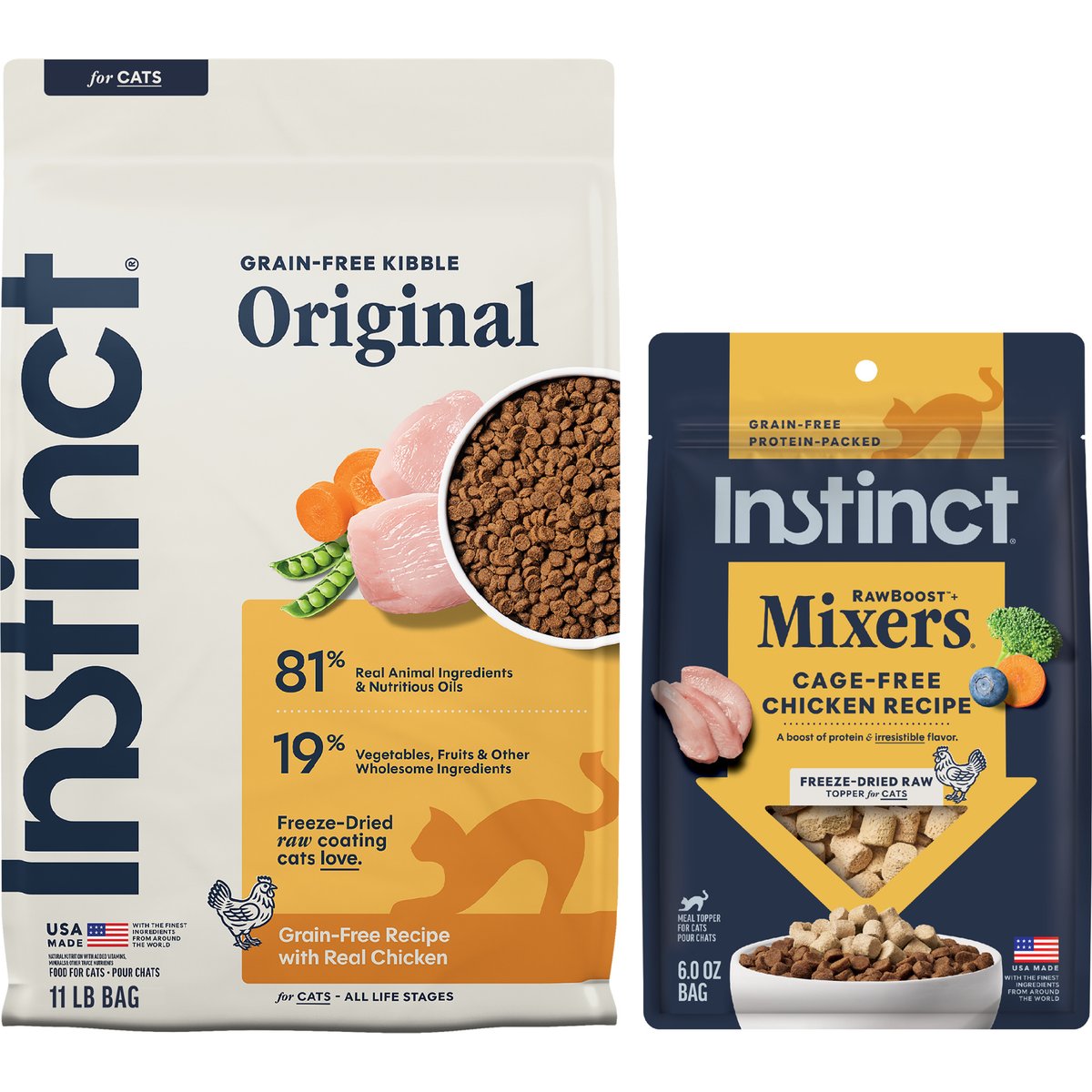 Instinct Original Recipe with Real Chicken Freeze-Dried Raw Coated Dry Food + Raw Boost Mixers Chicken Recipe Freeze-Dried Cat Food Topper