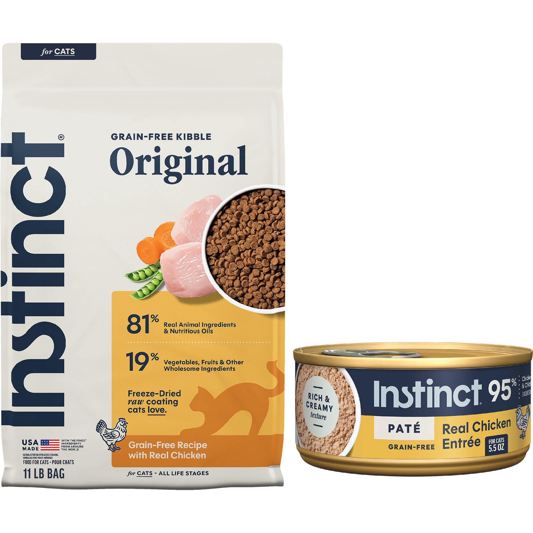 Instinct Original Grain-Free Recipe with Real Chicken Freeze-Dried Raw Coated Dry Food + Pate Real Chicken Recipe Wet Canned Cat Food