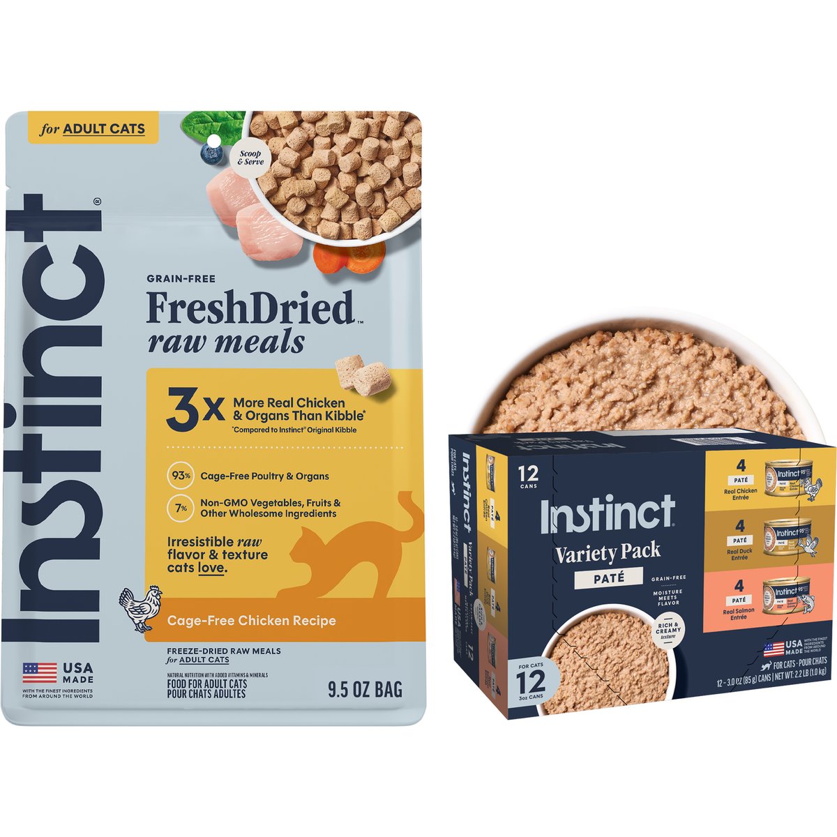Instinct Original Grain-Free Pate Recipe Variety Pack Wet Canned Cat Food, 3-oz, case of 12 + Instinct Freeze-Dried Raw Meals Grain-Free Cage-Free Chicken Recipe Cat Food, 9.5-oz bag