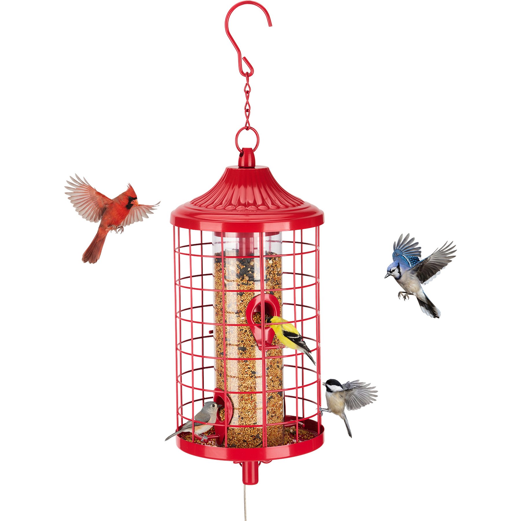 Kingsyard Squirrel-Proof 4-Port Outdoor Wild Bird Feeder, Red