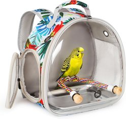 WEVONIGU Breathable Mesh, Standing Perch & Easy-Clean Tray Clear View Travel Backpack Bird Carrier, Floral, 10-lb bag