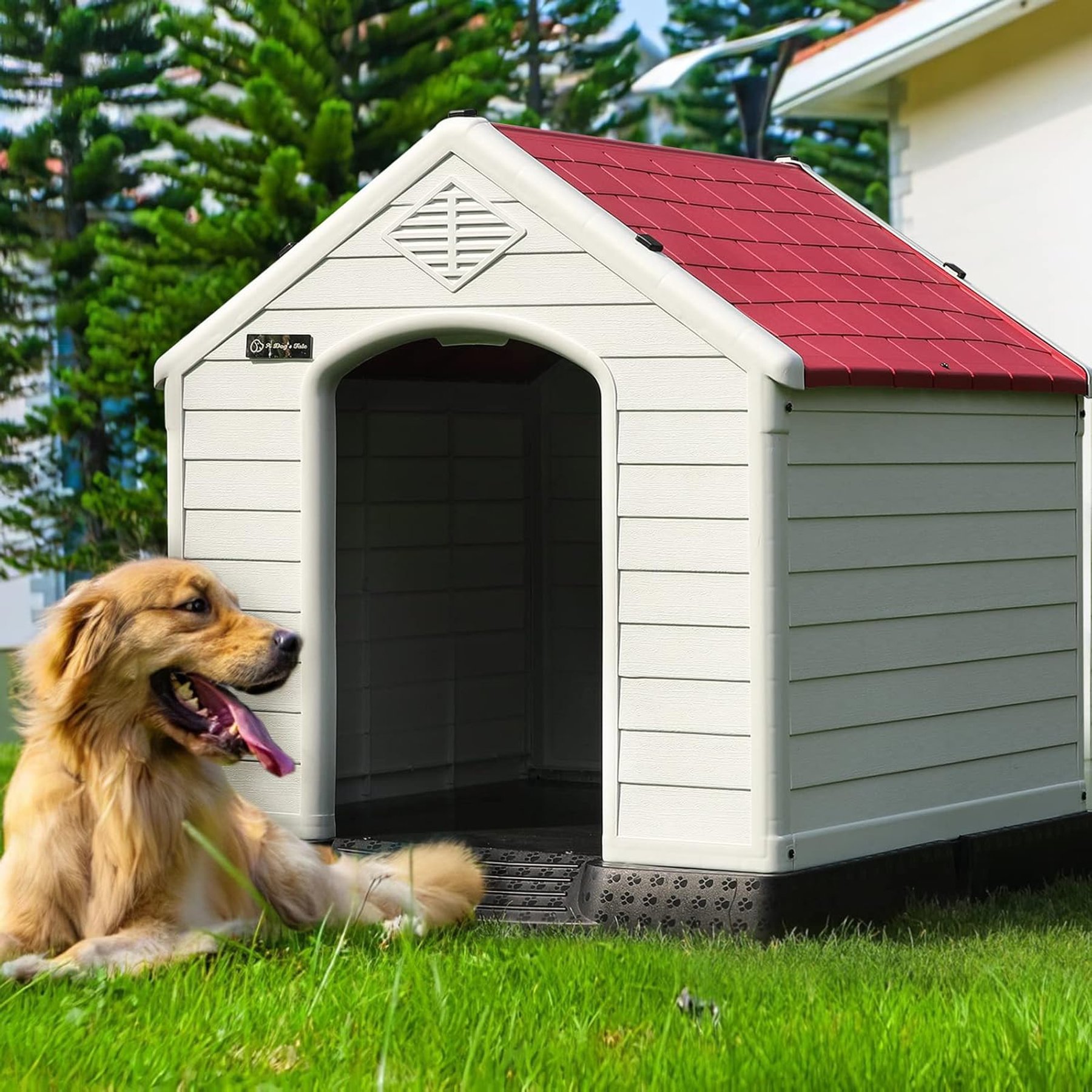 LEMBERI Plastic Durable Waterproof Dog House Waterproof with Elevated Floor & Air Vents, Red, 34 x 31 x 32-in