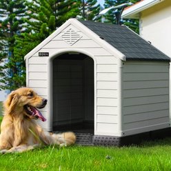 LEMBERI Plastic Durable Waterproof Dog House Waterproof with Elevated Floor & Air Vents, Grey, 34 x 31 x 32-in