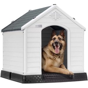 LEMBERI Plastic Durable Waterproof Dog House Waterproof with Elevated Floor & Air Vents, Grey, 37.4 x 35 x 38.8-in