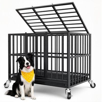 Xbrigh Indoor Heavy Duty Steel Escape Proof Double Door Dog Crate with Removable Tray & Wheels, Black, 38 inch