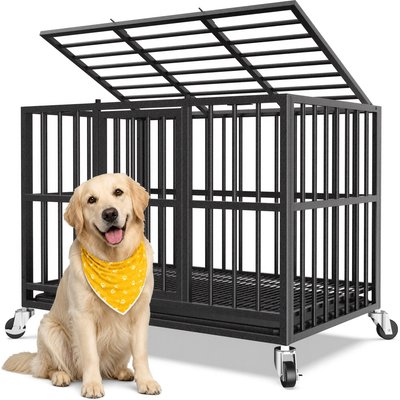 Xbrigh Indoor Heavy Duty Steel Escape Proof Double Door Dog Crate with Removable Tray & Wheels, Black, 42 inch