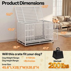 Xbrigh Indoor Indestructible Heavy Duty Steel Escape Proof Double Door Dog Crate with Removable Tray & Wheels, White, 48 inch slide 2 of 9