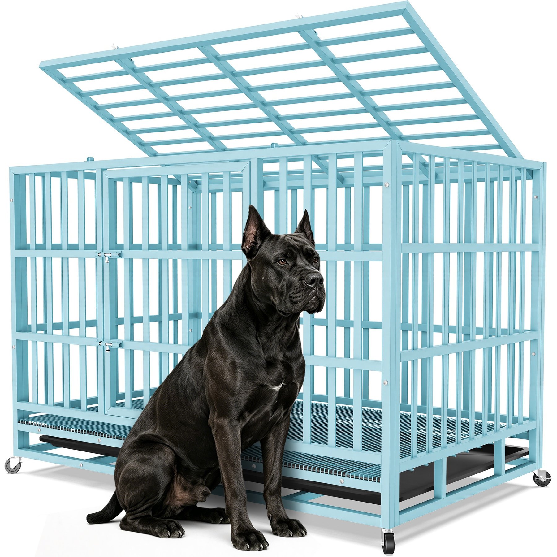 Xbrigh Heavy Duty Indestructible Escape Proof Steel Double Door Dog Crate with Wheels & Removable Tray, Large: 48 inch, Blue