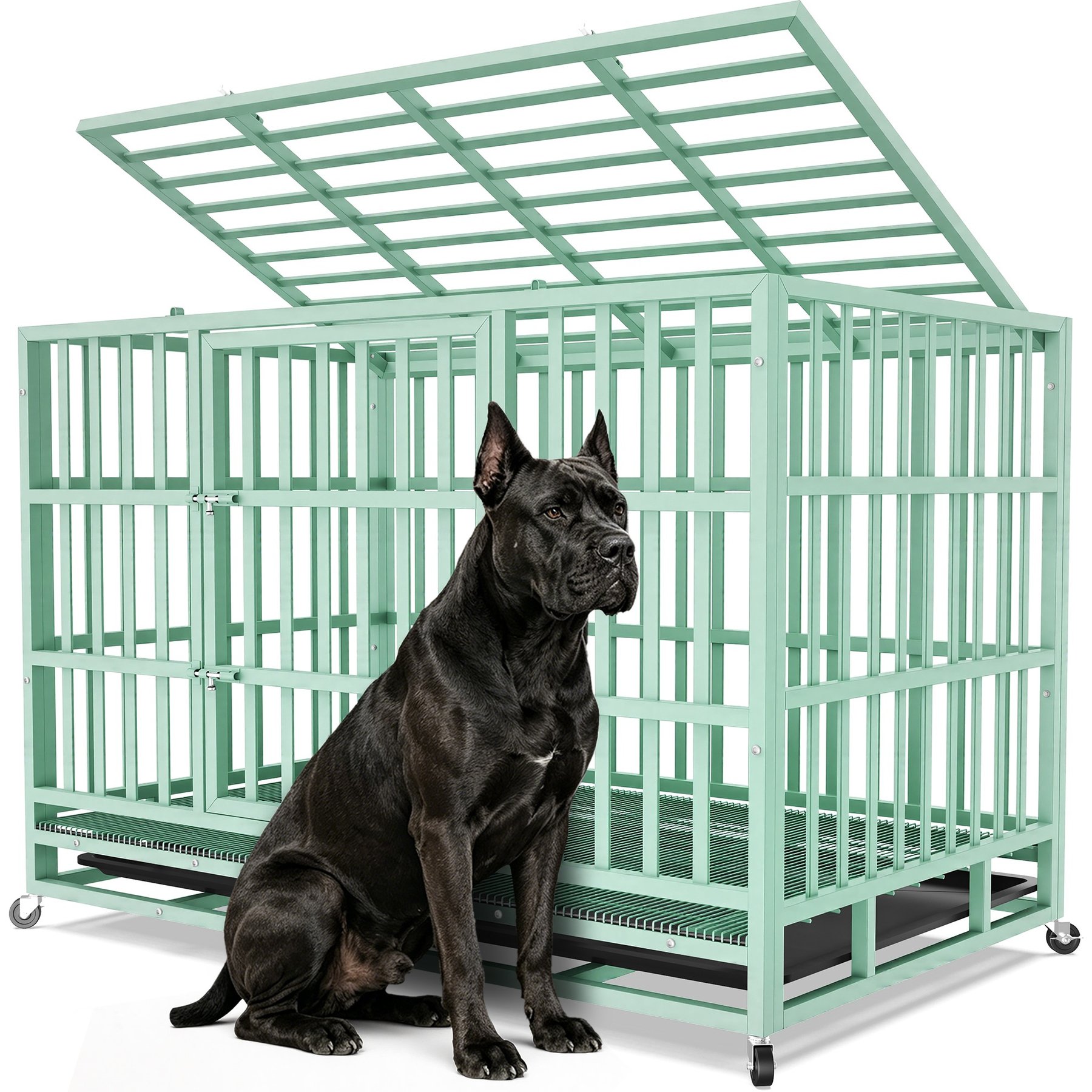 Xbrigh Heavy Duty Indestructible Escape Proof Steel Double Door Dog Crate with Wheels & Removable Tray, Large: 48 inch, Green