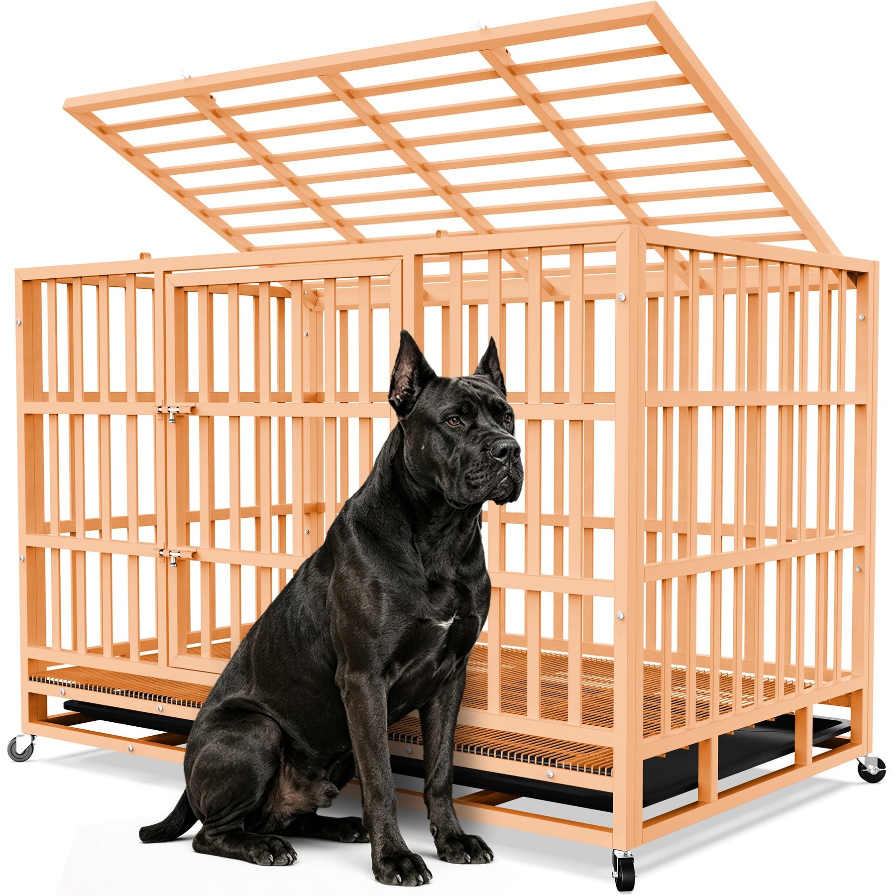 Xbrigh Heavy Duty Indestructible Escape Proof Steel Double Door Dog Crate with Wheels & Removable Tray, Large: 48 inch, Orange