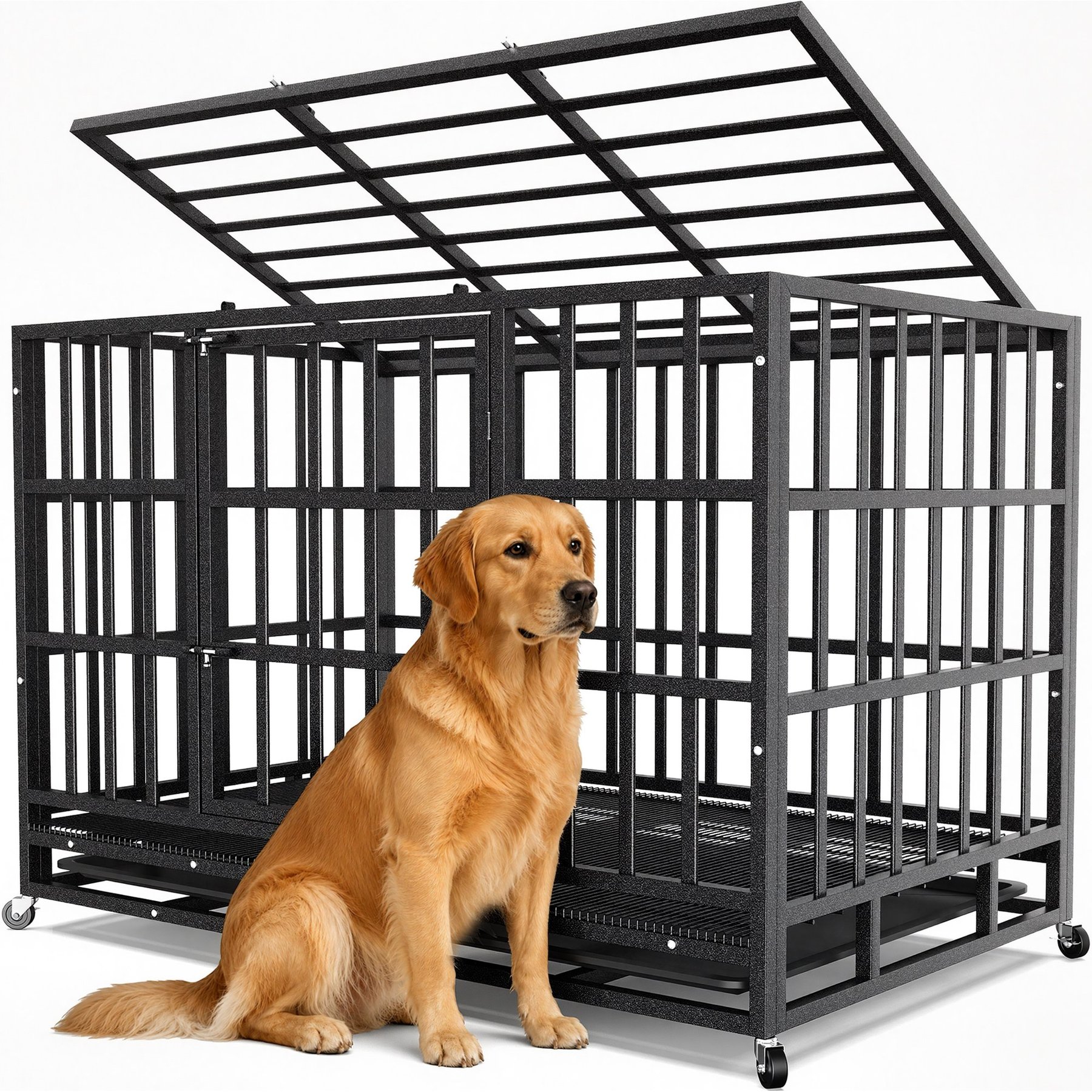 Xbrigh Heavy Duty Indestructible Escape Proof Steel Dog Crate, Black, Medium: 42-in