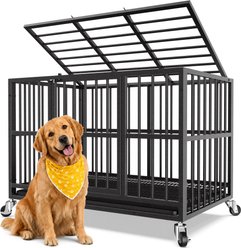 Xbrigh Indoor Heavy Duty Steel Escape Proof Double Door Dog Crate with Removable Tray & Wheels, Black, 48 inch
