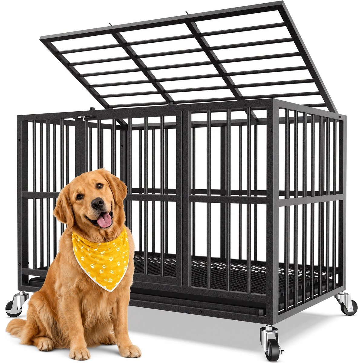 Xbrigh Indoor Heavy Duty Steel Escape Proof Double Door Dog Crate with Removable Tray & Wheels, Black, 48 inch