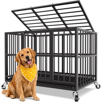 Xbrigh Indoor Heavy Duty Steel Escape Proof Double Door Dog Crate with Removable Tray & Wheels, Black, 48 inch