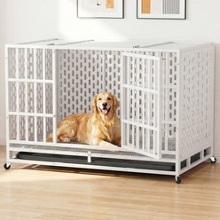 Xbrigh Indoor Indestructible Heavy Duty Steel Escape Proof Double Door Dog Crate with Removable Tray & Wheels, White, 48 inch