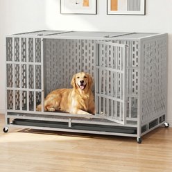 Xbrigh Indoor Indestructible Heavy Duty Steel Escape Proof Double Door Dog Crate with Removable Tray & Wheels, Silver, 48 inch
