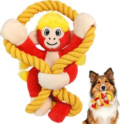 FUUFOME Interactive Tug Teeth Cleaning Squeaky Tough Chew Plush Dog Toy with Rope Knots, Red