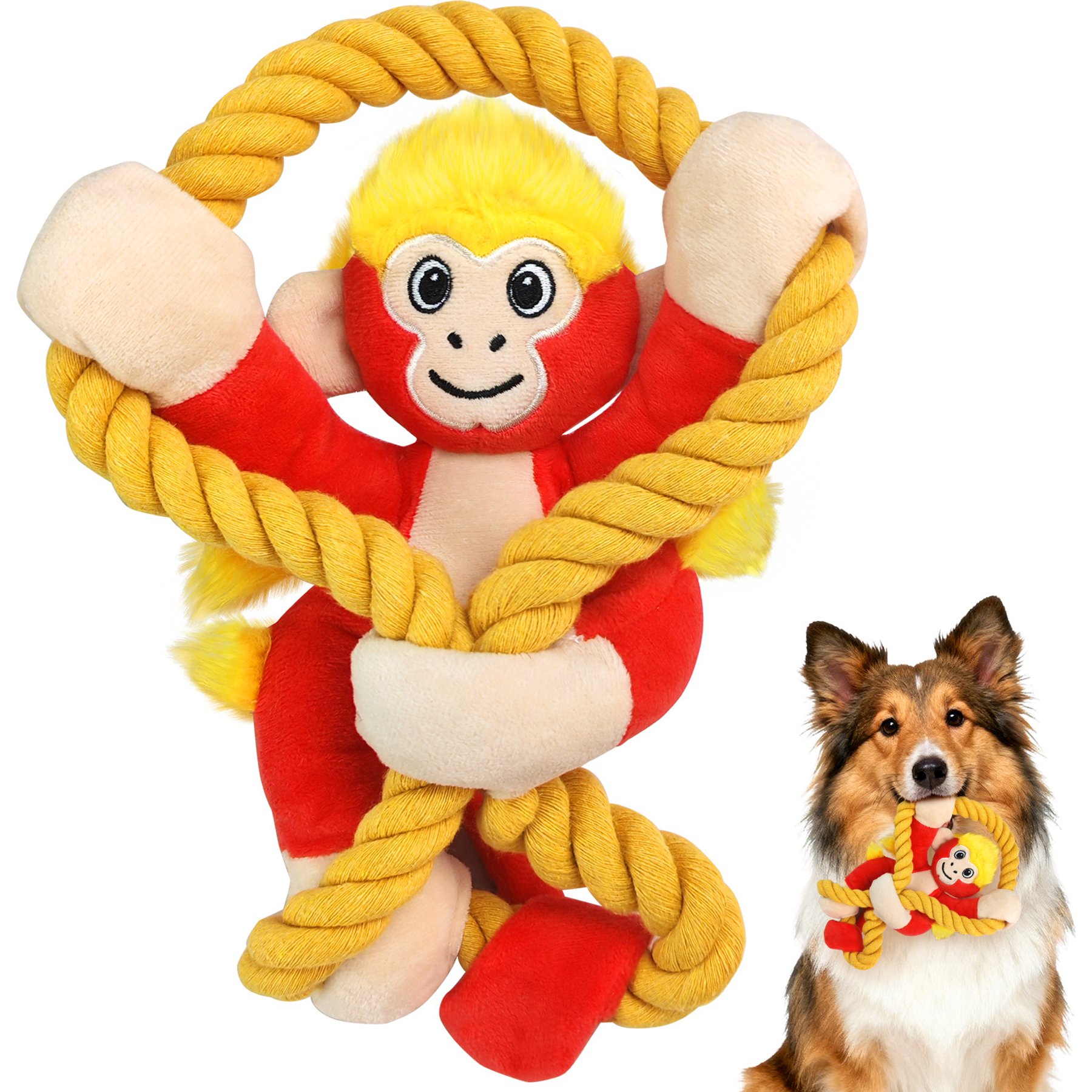 FUUFOME Interactive Tug Teeth Cleaning Squeaky Tough Chew Plush Dog Toy with Rope Knots, Red