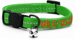 Pawtitas Personalized Recycled Reflective Breakaway Adjustable Cat Collar, 8 to 12-in neck, 3/8-in wide, Green