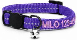 Pawtitas Personalized Recycled Reflective Breakaway Adjustable Cat Collar, 8 to 12-in neck, 3/8-in wide, Purple