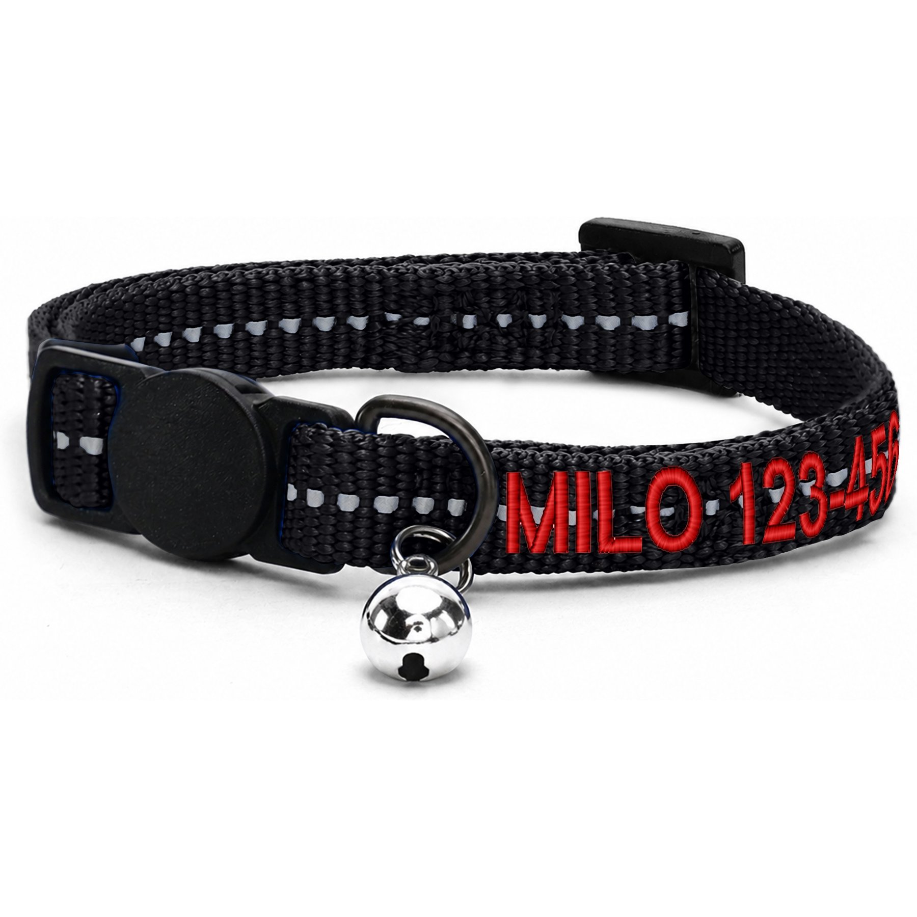Pawtitas Personalized Recycled Reflective Breakaway Adjustable Cat Collar, 8 to 12-in neck, 3/8-in wide, Black