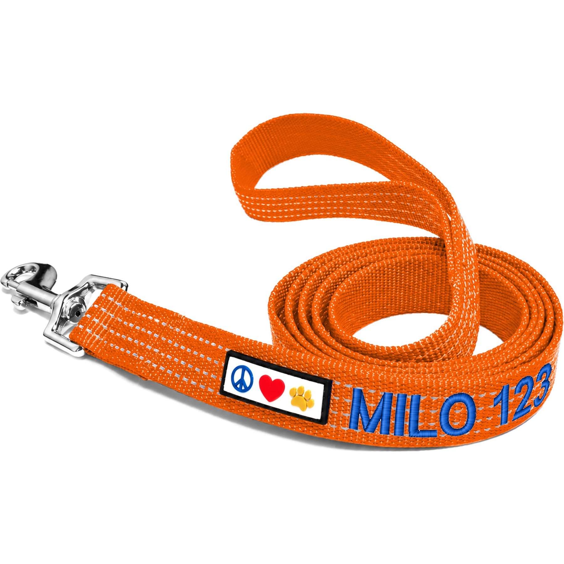 Pawtitas Custom Personalized Reflective Standard Dog Leash, Orange, Medium/Large: 6-ft long, 1-in wide