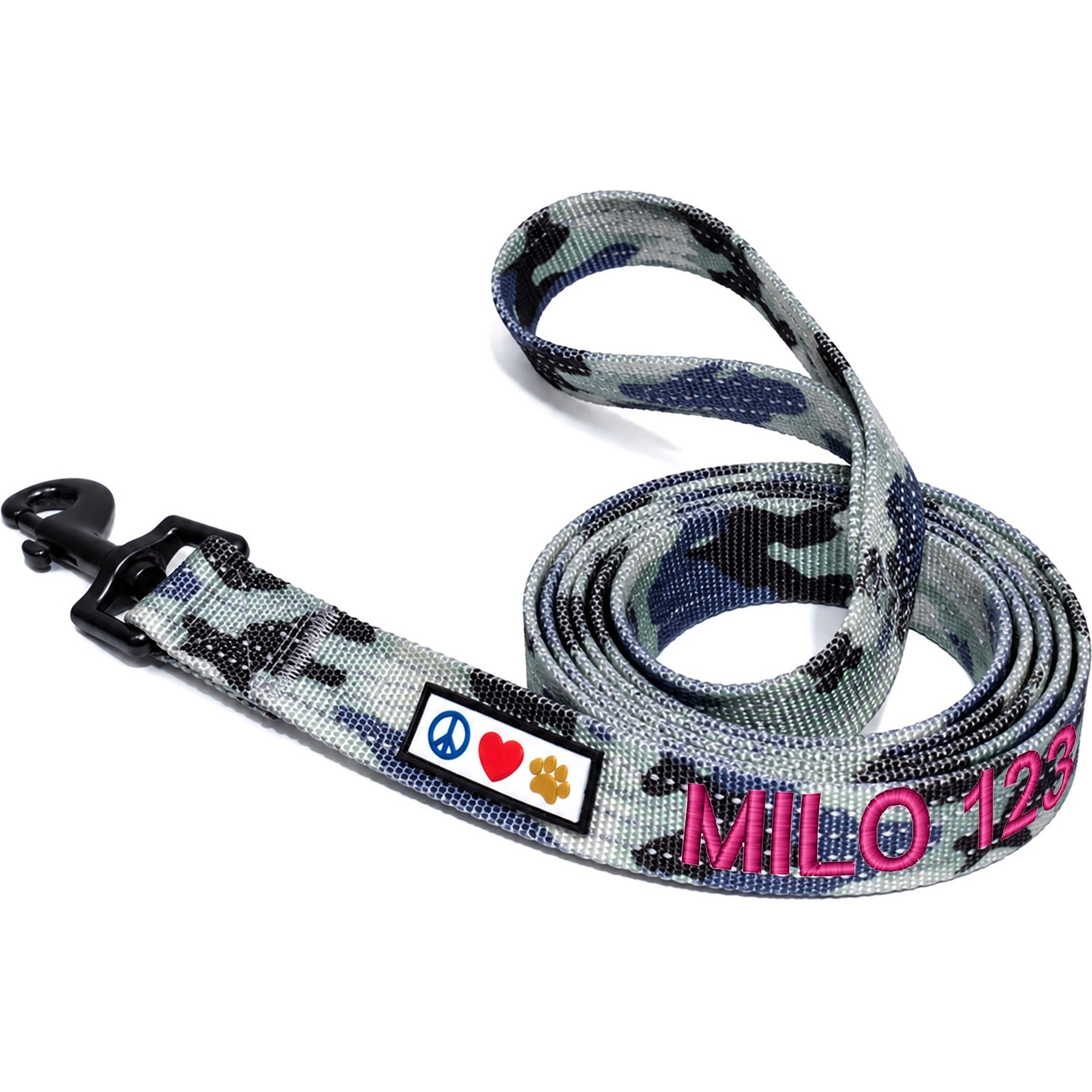 Pawtitas Custom Personalized Reflective Standard Dog Leash, Camouflage Grey, Medium/Large: 6-ft long, 1-in wide