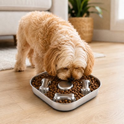 NonoPets NonoPets Anti-Gulping Dishwasher Safe Lead Free Stainless Steel Slow Feeder Dog Bowl with Non-Slip Rubber Base, 44.67-oz, 8.5 x 1.5-in