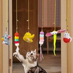 NonoPets Adjustable Elastic Hanging Door Teaser Feather Ball Cat Toy with Bell & Catnip