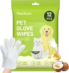 PawSono Portable Deodorizing Waterless Coconut Scented Dog & Cat Glove Grooming Wipes, 12 count