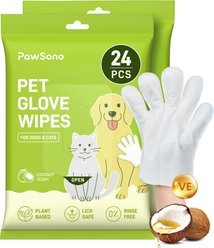 PawSono Portable Deodorizing Waterless Coconut Scented Dog & Cat Glove Grooming Wipes, 24 count